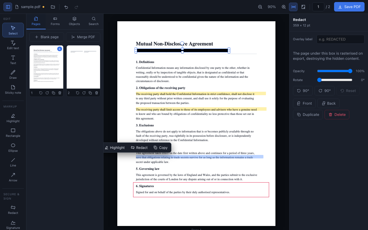 Black redaction boxes covering clauses of a contract, with the redaction options panel open.