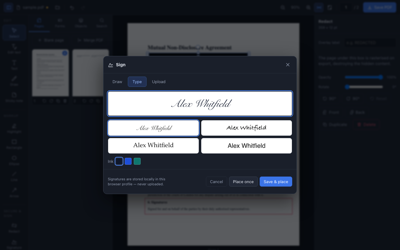 The signature dialog with a drawn signature on a canvas and options to type or upload one instead.